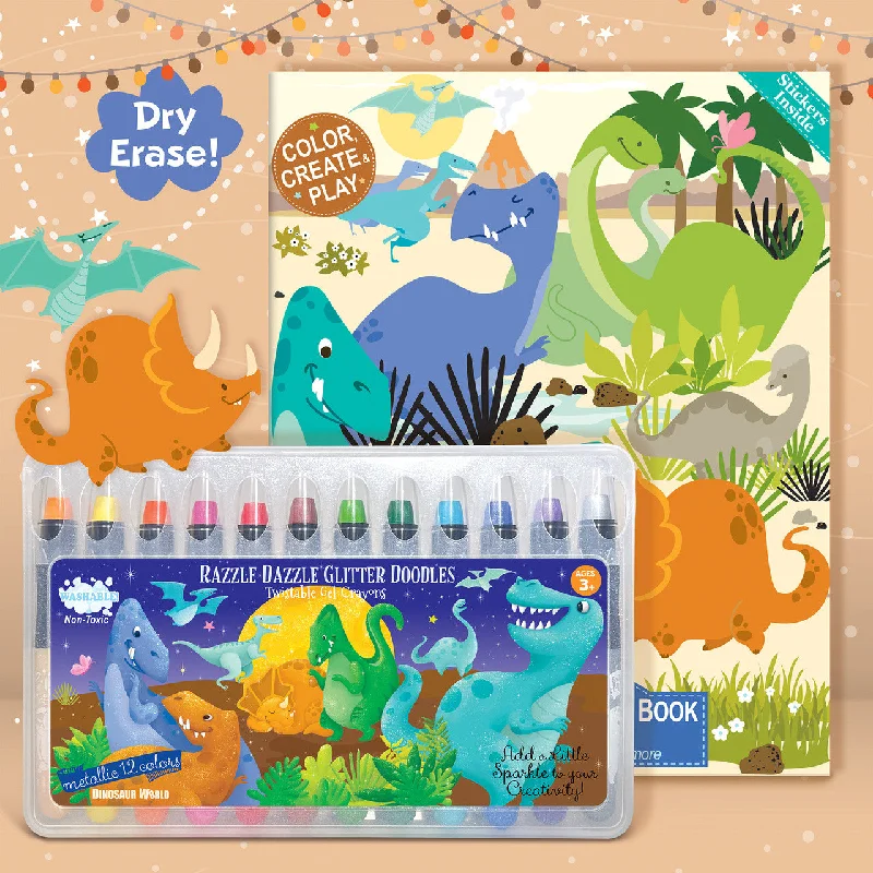 Sustainable Wooden Palette with Deep Wells for Mixing Acrylic PaintsGlitter Dinosaur Dry Erase Coloring Gift Set