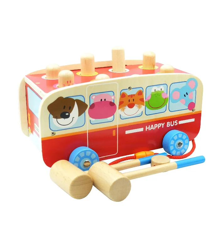 Solid Wood Educational Toys with a Coding and Logic - Building GameWooden Animal Pounding Bus