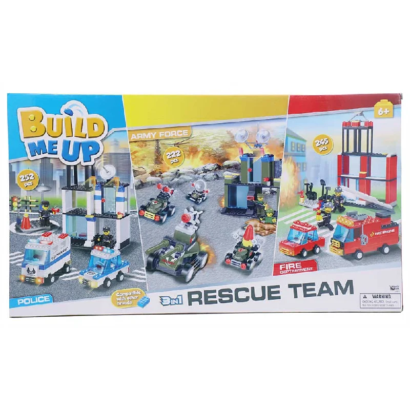 Sustainable Wooden Educational Toys with Counting and Number Recognition ElementsBuild Me Up Rescue Team 3 In 1 Police, Fire, Military Blocks Multicolour - 719 Pieces