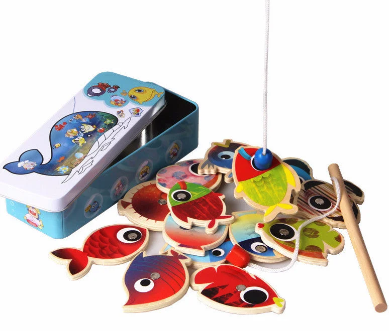 Sustainable Wooden Educational Toys with Counting and Number Recognition ElementsMagnetic Fishing Game in a Tin Box - Fine Motor skills