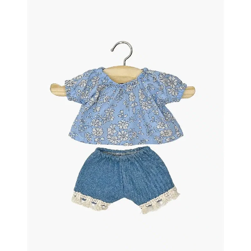 Collector - Grade Porcelain Dolls with Hand - Painted Facial Features and Custom - Made AccessoriesMinikane amigas Rosalie top blouse set in blue Liberty cotton gauze and denim shorts with fringes