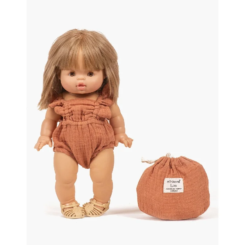 Dolls with a Braille - Embossed Nameplate and Sensory - Friendly AccessoriesMinikane gordis Lou retro romper in marsala cotton gauze with pouch