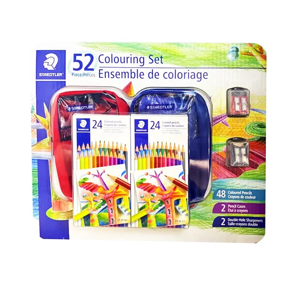 Sustainable Solid Wood Educational Toys with a Language - Learning Activity BookStaedtler 52 Coloring Set, 48 Colored Pencils - 2 x 24 Colored Pencil Set, 2 Nylon Pencil Cases, 2 Double Hole Sharpeners