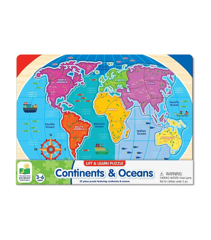 Sustainable Wooden Educational Toys with Counting and Number Recognition ElementsLift & Learn Puzzles: Continents & Oceans Puzzle